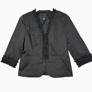 Doncaster Collection Blazer 10 Black Ruffle 3/4 Sleeve Hook&Eye Close